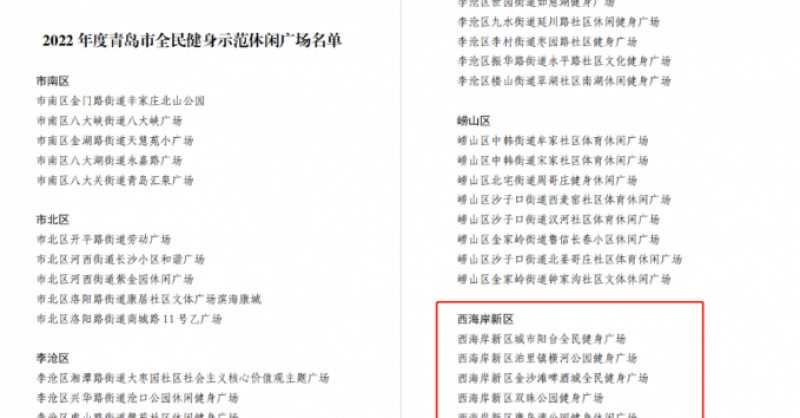 城市陽臺(tái)景區(qū)、金沙灘啤酒城、雙珠公園獲評(píng)“2022年度青島市全民健身示范休閑廣場(chǎng)”
